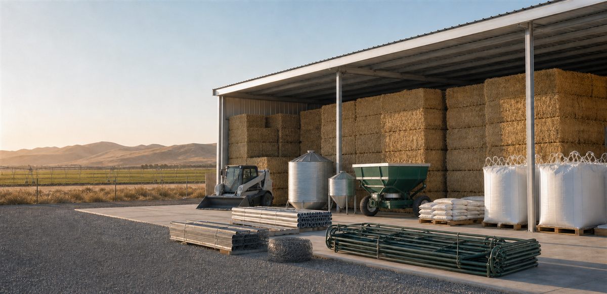 Baled hay and agricultural equipment stored under a barn
