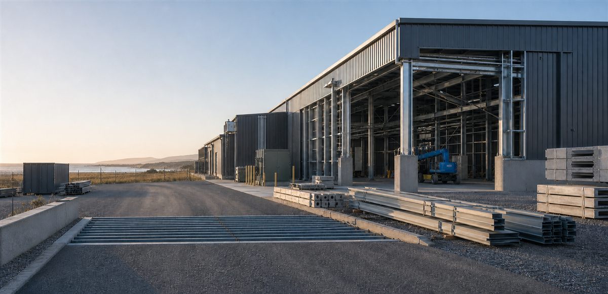 Engineered steel-frame building under construction