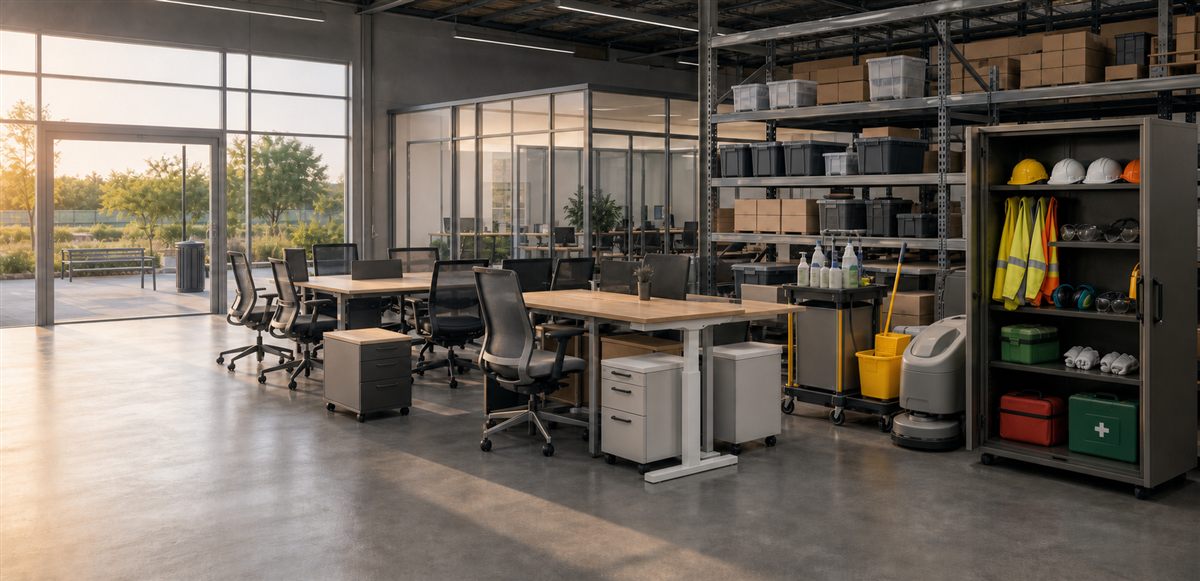 Office workstations, shelving, and safety equipment in a facility