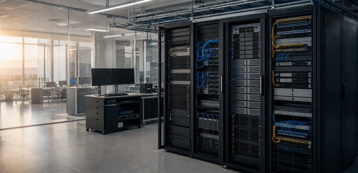 Server racks and networking equipment in a data room