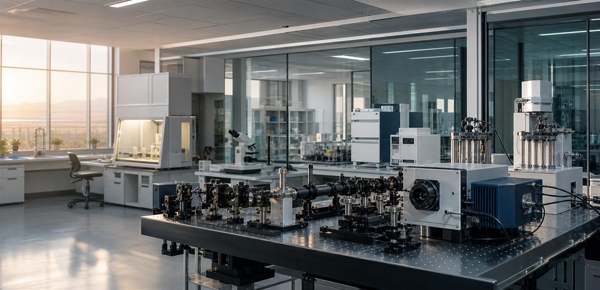Optical instrumentation and laboratory equipment on a lab bench