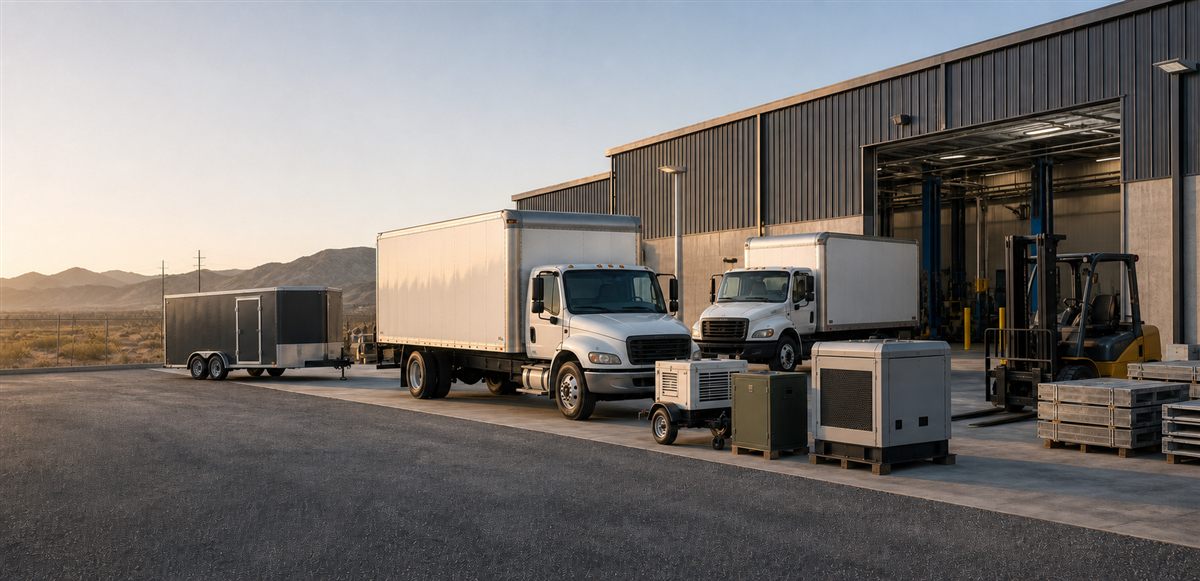 Cargo trucks, trailer, and forklift at a facility loading dock
